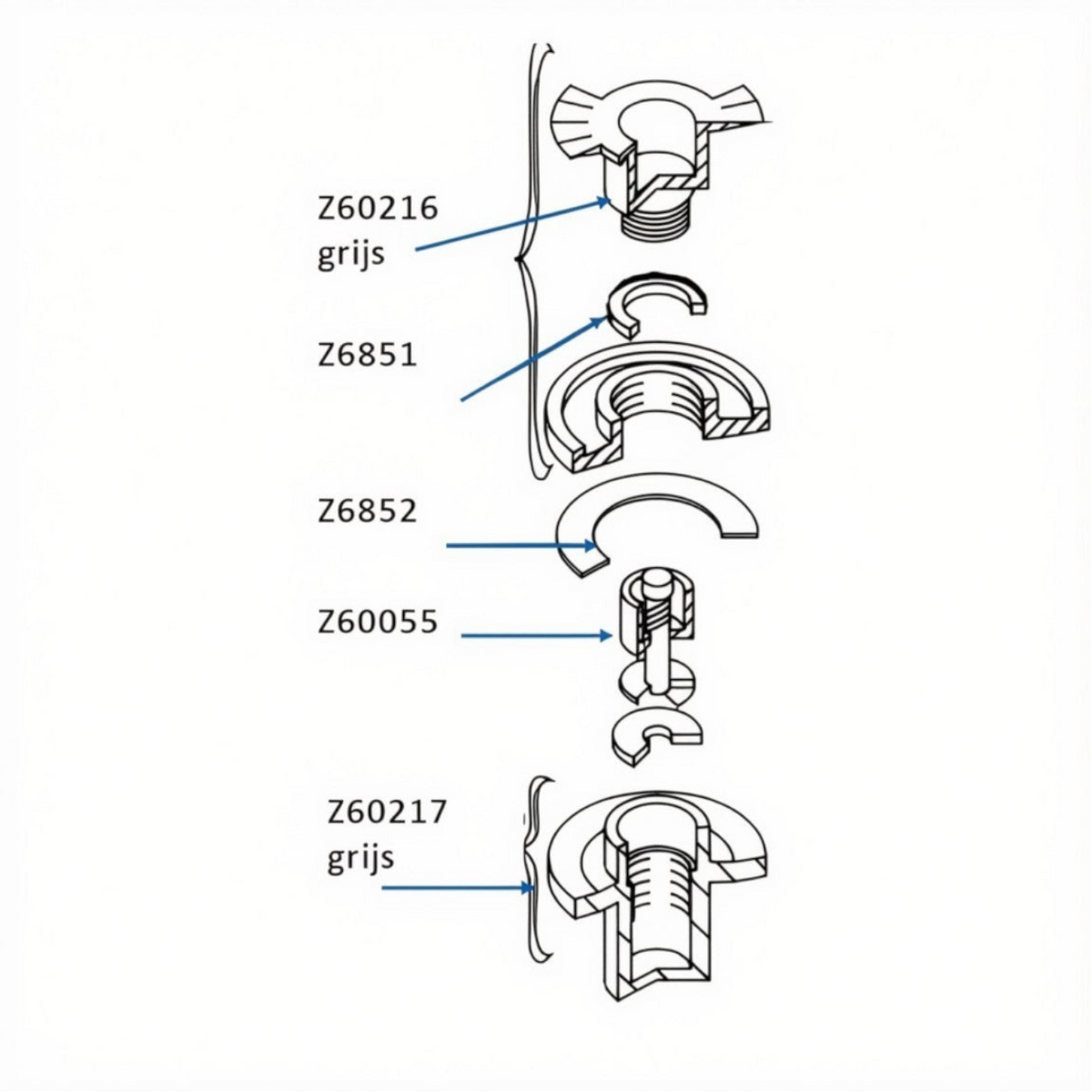 Zodiac Online Shop Z6852 technische tekening van Z6852 zwarte ventielpakking voor Zodiac en Bombard rubberbootventielen